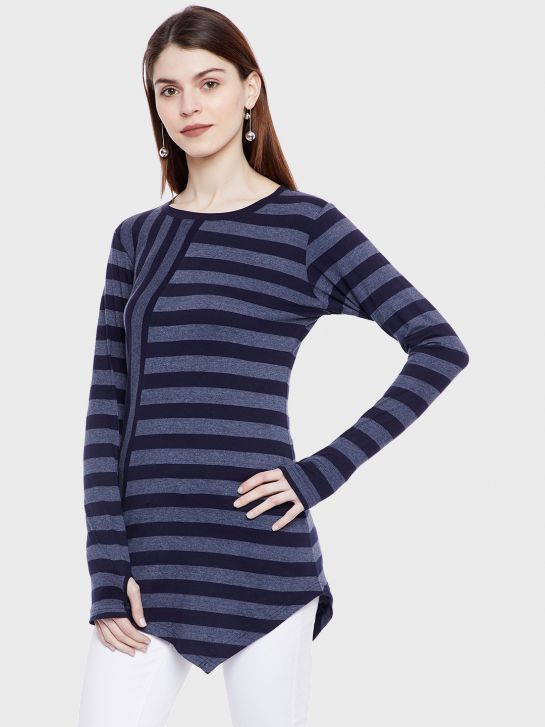 Women's Blue and Grey Stripe Cotton Knitted T-shirt