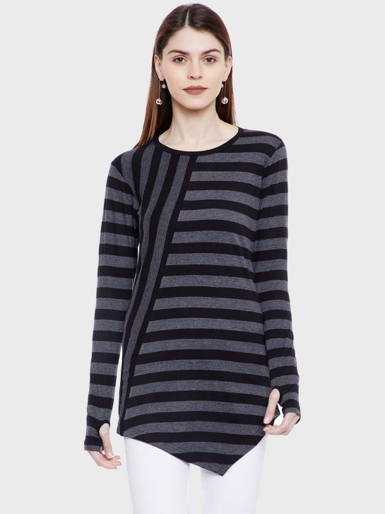 Women's Black and Grey Stripe Cotton Knitted T-shirt