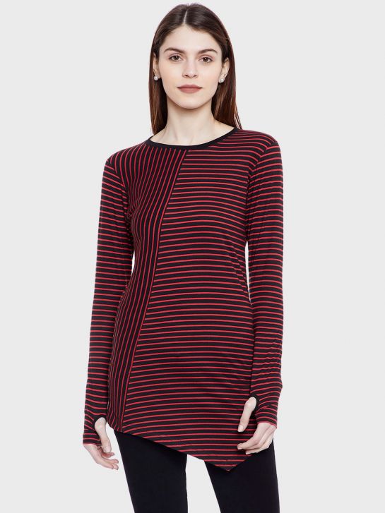 Women's Red and Black Stripe Cotton Knitted T-shirt(2030)