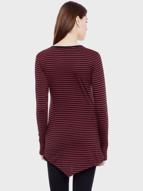Women's Red and Black Stripe Cotton Knitted T-shirt