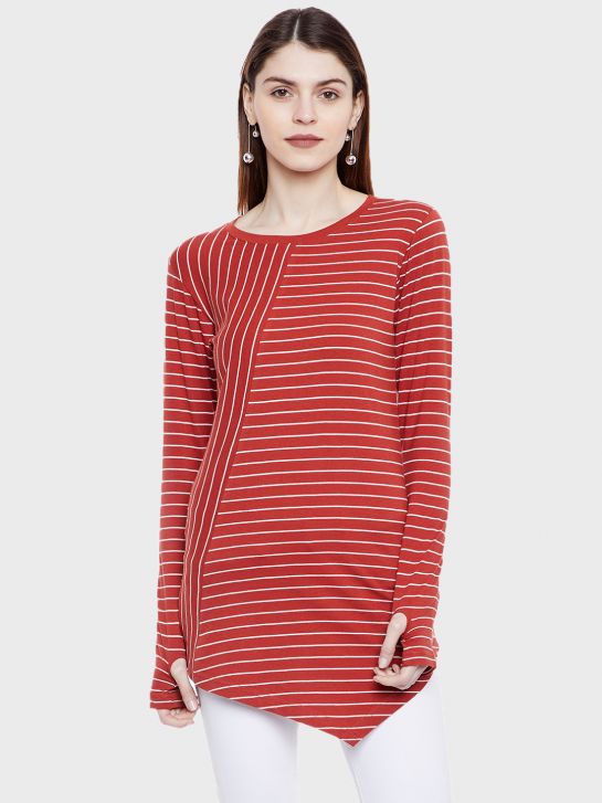 Women's Orange and White Stripe Cotton T-shirt(2031)