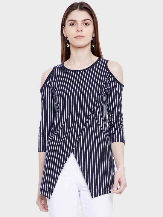 Women's Navy Blue and White Stripe Cotton Knitted Top