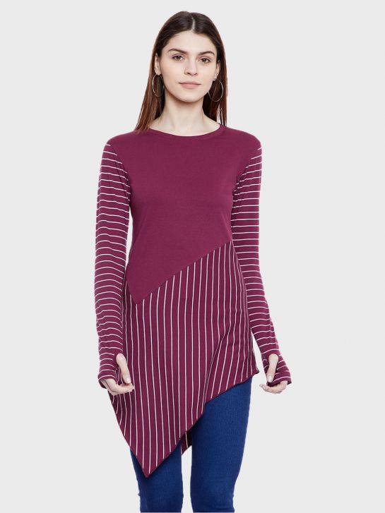Women's Purple and White Stripe Cotton T-shirt(2068)
