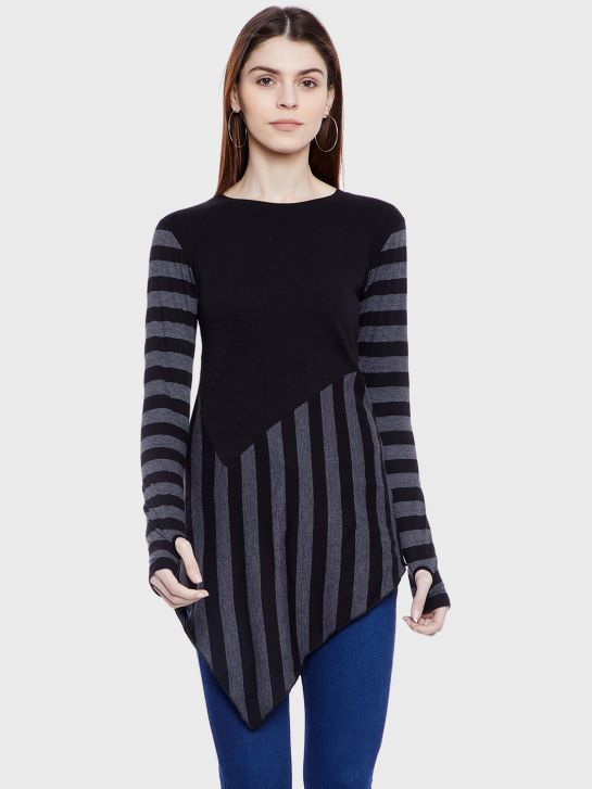Women's Black and Grey Stripe Cotton T-shirt(2073)