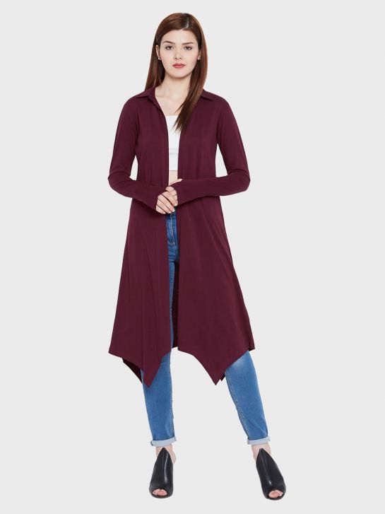 Women's Maroon Cotton Knitted Long Shrugs