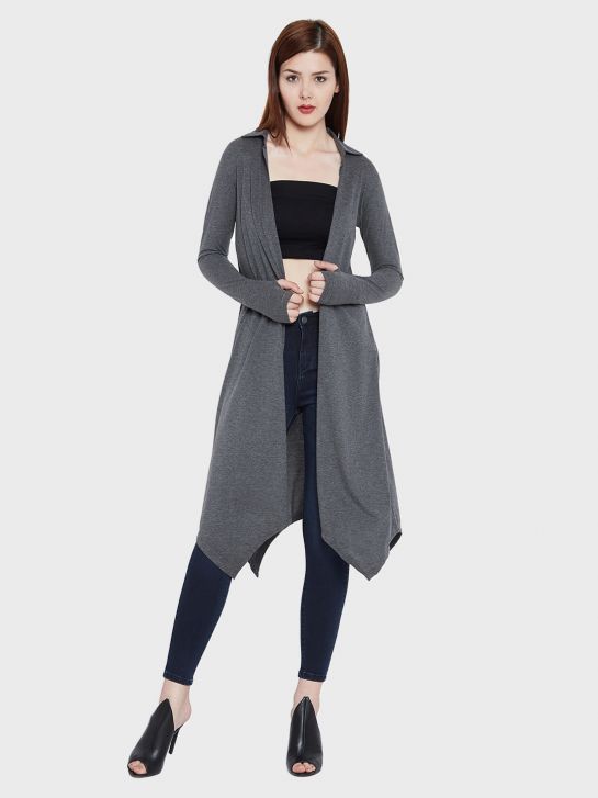 Women's Charcoal Cotton Knitted Long Shrugs(2211)