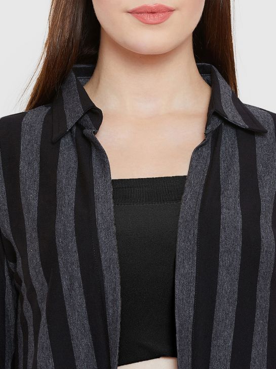 Women's Black and Grey Stripe Cotton Blend Long Shrug