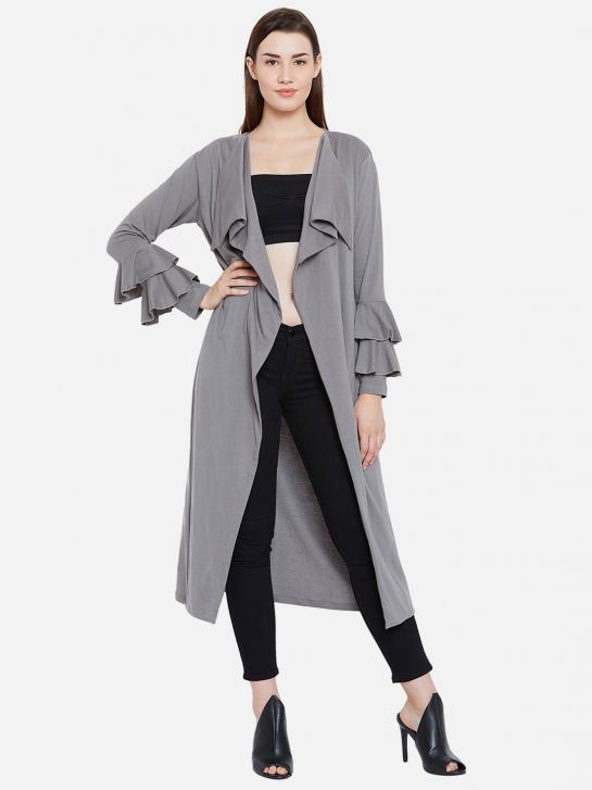 Women's Grey Bell Sleeve Cotton Long Shrug(HYPW02376)