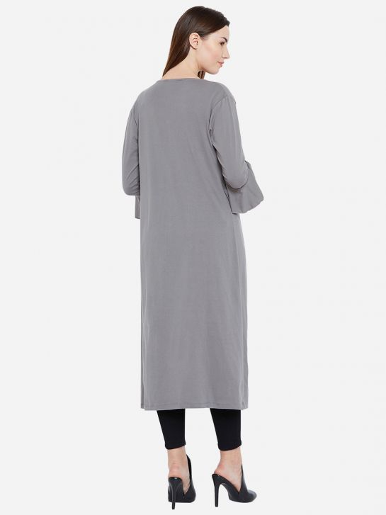 Women's Grey Bell Sleeve Cotton Long Shrug