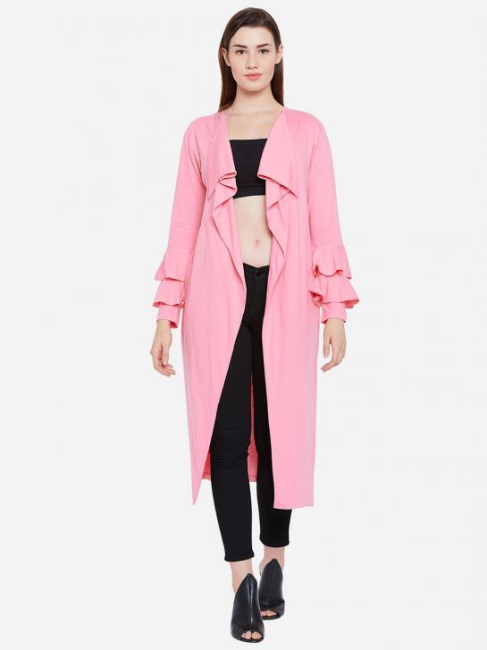 Women's Pink Bell Sleeve Cotton Long Shrug(HYPW02377)