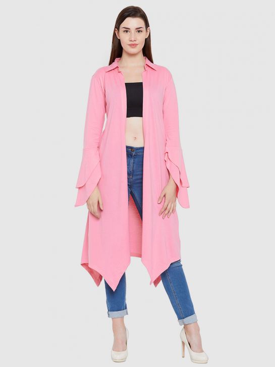 Women's Pink Bell Sleeve Cotton Long Shrug(HYPW02384)