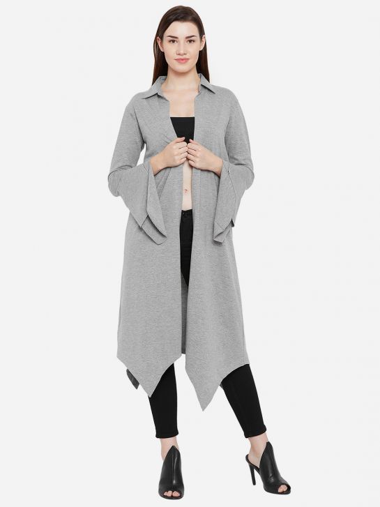 Women's Grey Bell Sleeve Cotton Blend Long Shrug(HYPW02393)