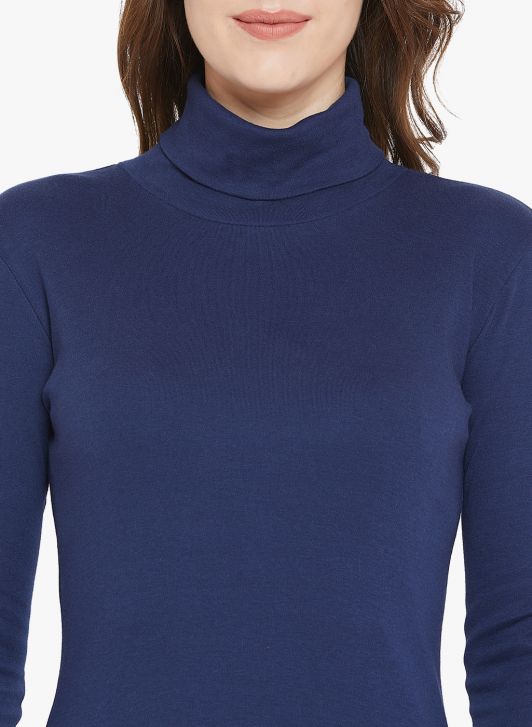 Women's Navy Blue Cotton High Neck T-shirt
