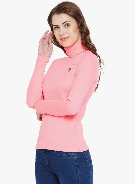 Women's Pink Cotton High Neck T-shirt
