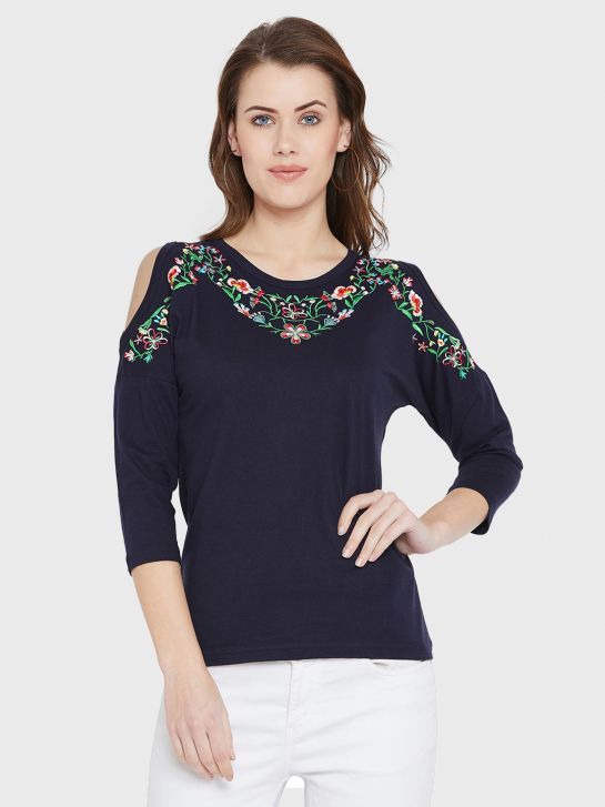 Women's Navy Blue Embroidery Cotton Top(2430)