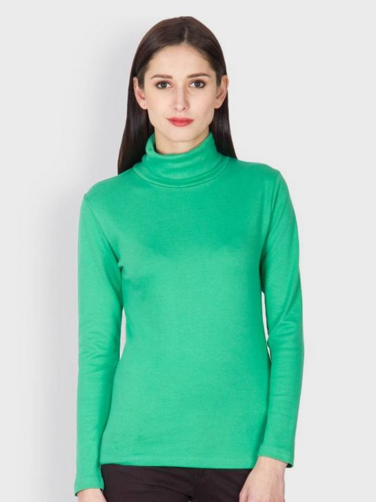 Women's Green Cotton High Neck T-Shirt 