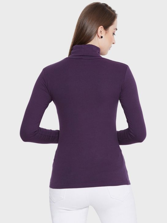Women's Purple Cotton Blend High Neck T-Shirt
