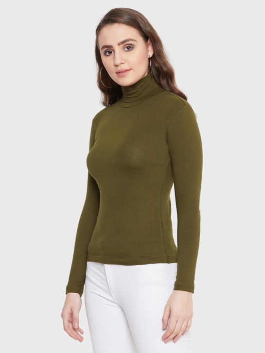 Women's Military Green Cotton Lycra High Neck T-Shirt