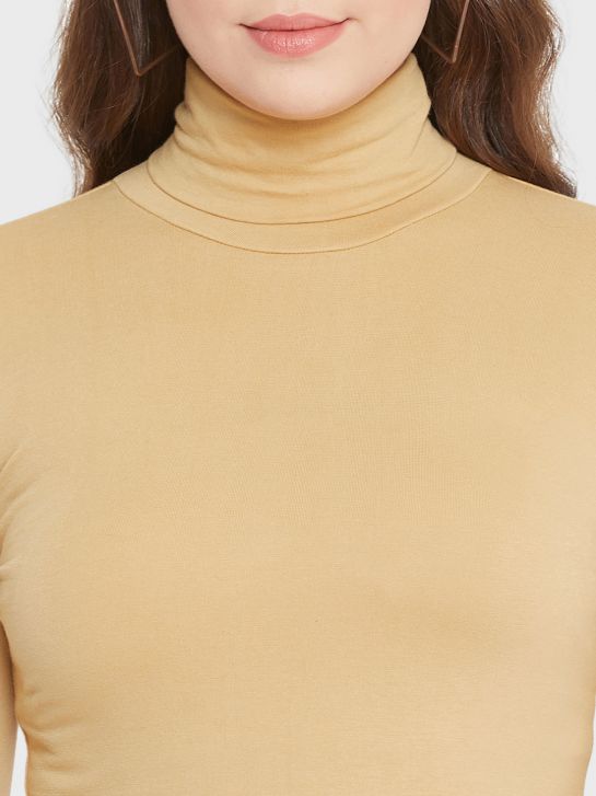 Women's Beige Cotton Lycra High Neck T-Shirt