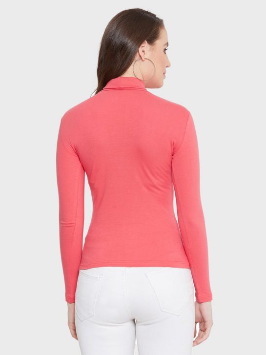 Women's Pink Cotton Lycra High Neck T-Shirt