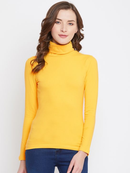 Women's Yellow Cotton Lycra High Neck T-shirt