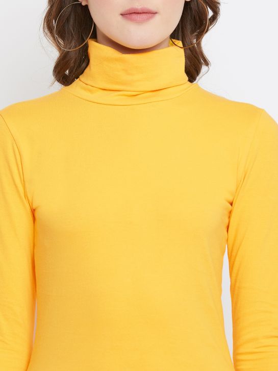 Women's Yellow Cotton Lycra High Neck T-shirt