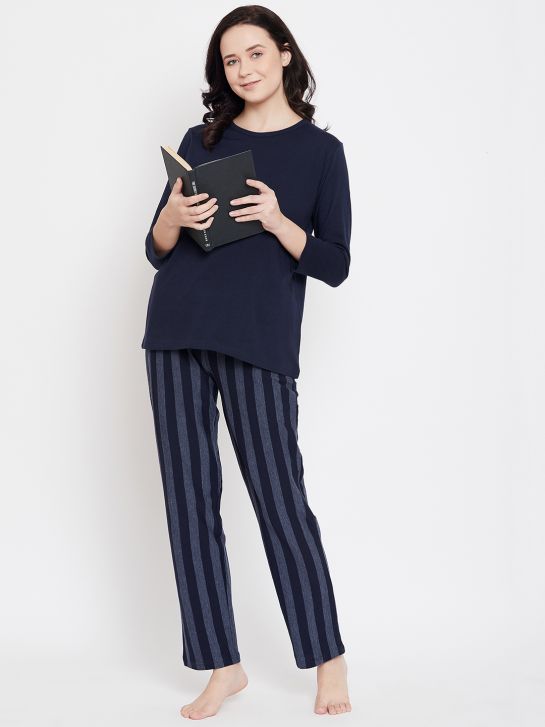 Women's Blue Cotton Stripe Pajama
