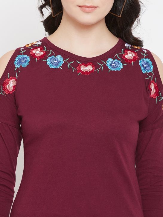 Women's Maroon Embroidery Cotton Top