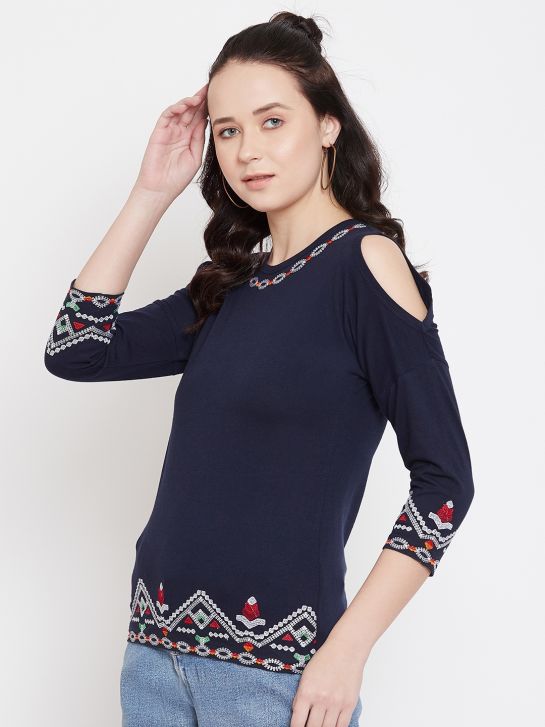 Women's Blue Embroidery Cotton Top