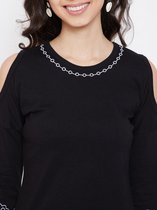 Women's Black Cotton Embroidery T-shirt