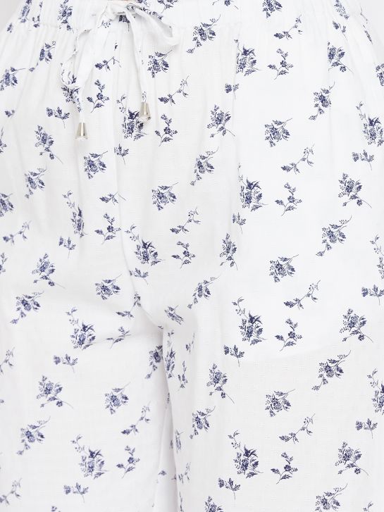 Women's White and Blue Printed Pajama
