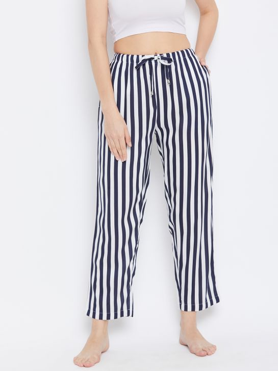 Women's White and Navy Blue Stripe Rayon Pajama