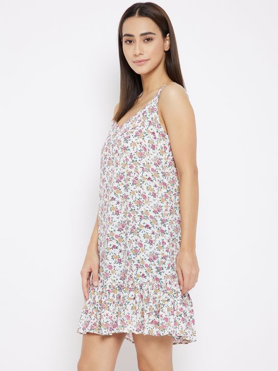 White Floral Printed Rayon Women's Baby Doll NightDress