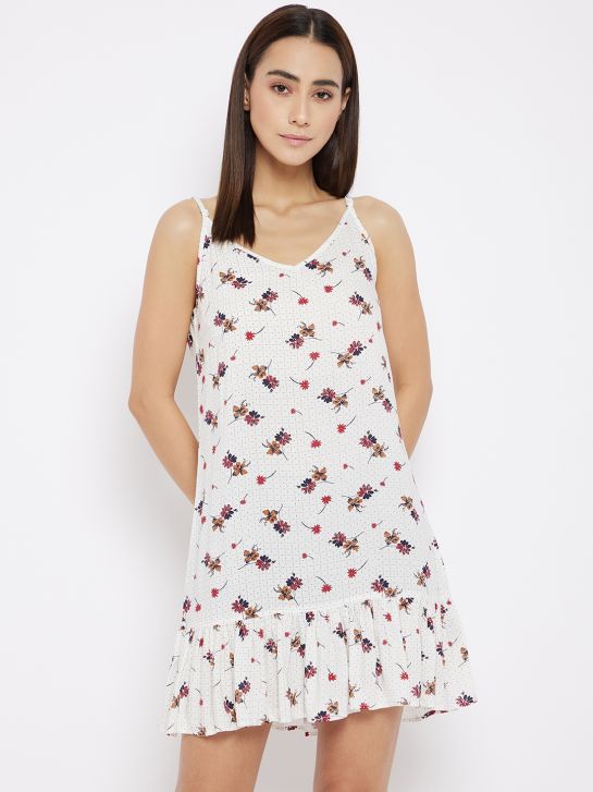 White Floral Printed Rayon Women's Baby Doll Night Dress 