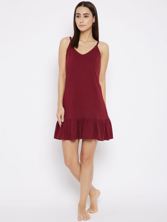 Maroon Cotton Knitted Women's Baby Doll Nightdress