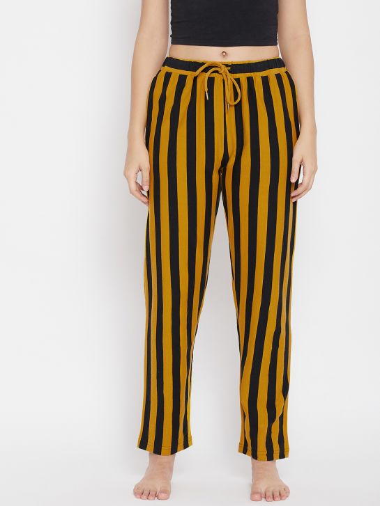 Women's Yellow and Black Stripe Cotton Knitted Pajama(3311)