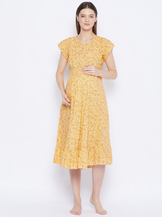Yellow and Red Floral Print Rayon Women's Maternity Dress