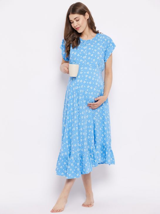Women's Blue Floral Printed Rayon Maternity Dress(HYPW03460)