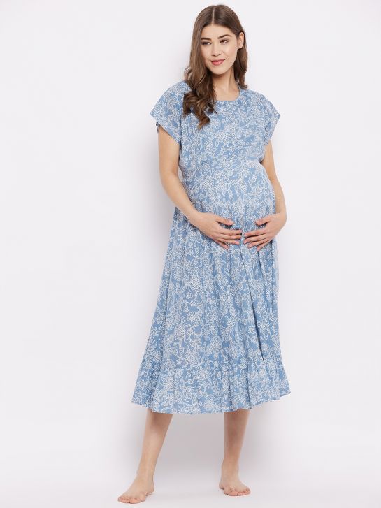 Women's Blue Floral Printed Rayon Maternity Dress