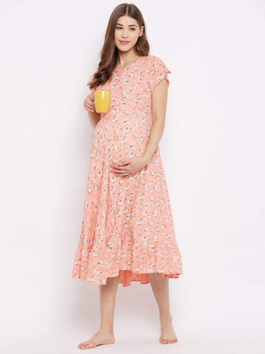 Women's Peach Floral Printed Rayon Maternity Dress