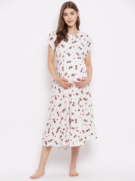Women's White Floral Printed Rayon Maternity Dress