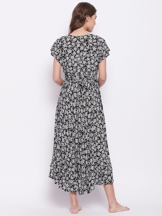 Women's Black and White Floral Printed Rayon Crepe Maternity Dress