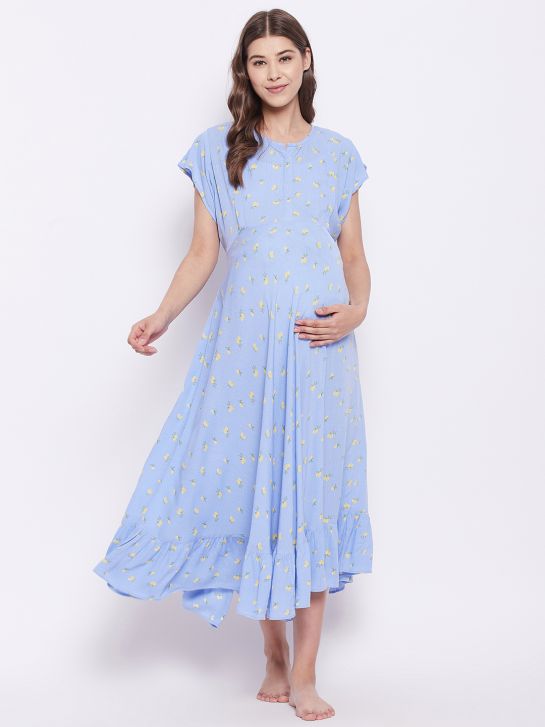 Women's Blue Floral Printed Rayon Crepe Maternity Dress
