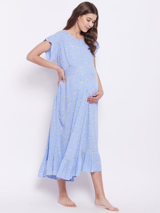 Women's Blue Floral Printed Rayon Crepe Maternity Dress
