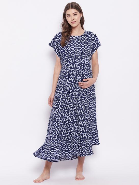 Women's Blue Geomatric Printed Rayon Crepe Maternity Dress