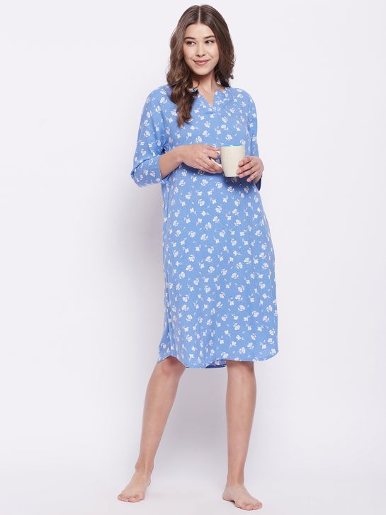 Women's Blue and White Floral Printed Rayon Nightdress