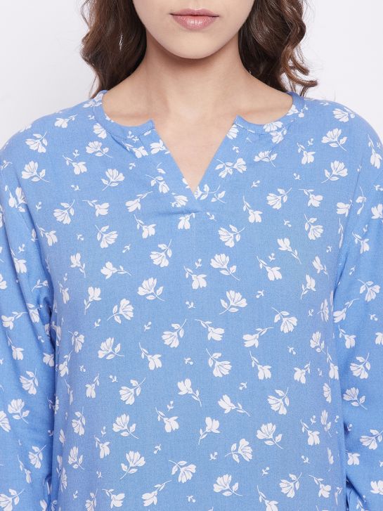 Women's Blue and White Floral Printed Rayon Nightdress