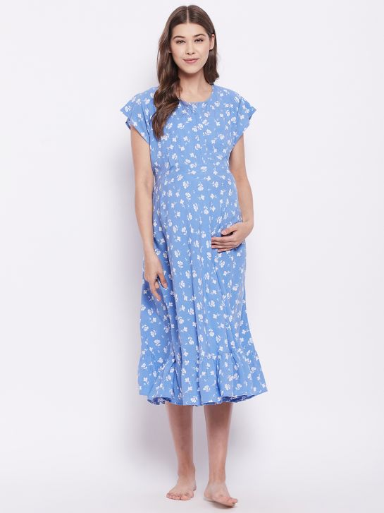 Women's Blue and White Floral Printed Rayon Maternity Dress