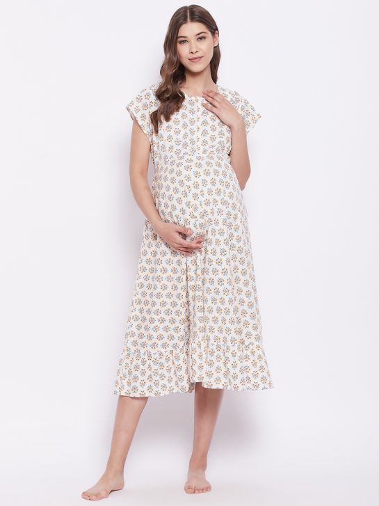 Women's Off White Floral Printed Rayon Maternity Dress