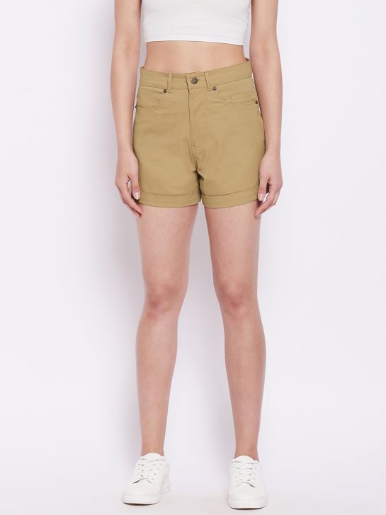 Women's Khaki Cotton Lycra Shorts